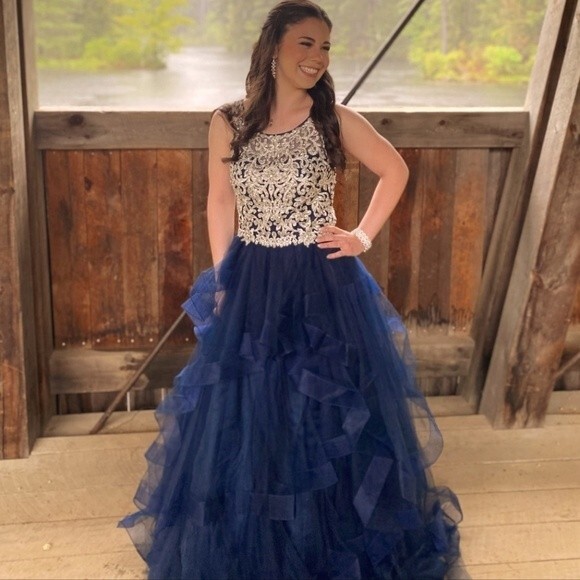 Aria Couture Navy Blue Diamond Studded Prom Dress With Open Back. Size Small - Picture 1 of 14